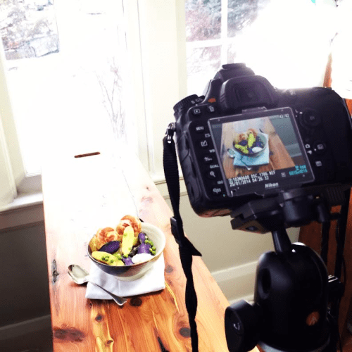Setting up to shoot Pancetta and Fingerling Potato Salad with Horseradish Creme Fraiche