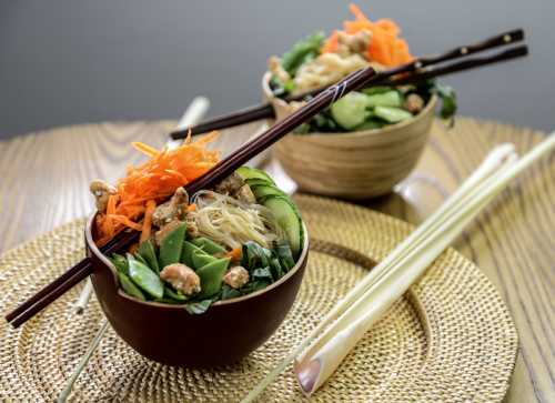 Ally's Thai Noodle Salad Recipe in bowls brought home from Thailand